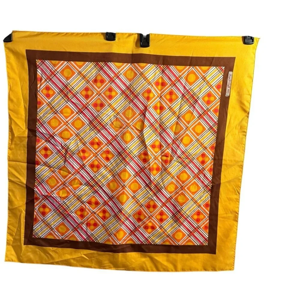 Vintage 1970s Paris Yellow Orange and Brown Geometric Plaid Polyester Scarf